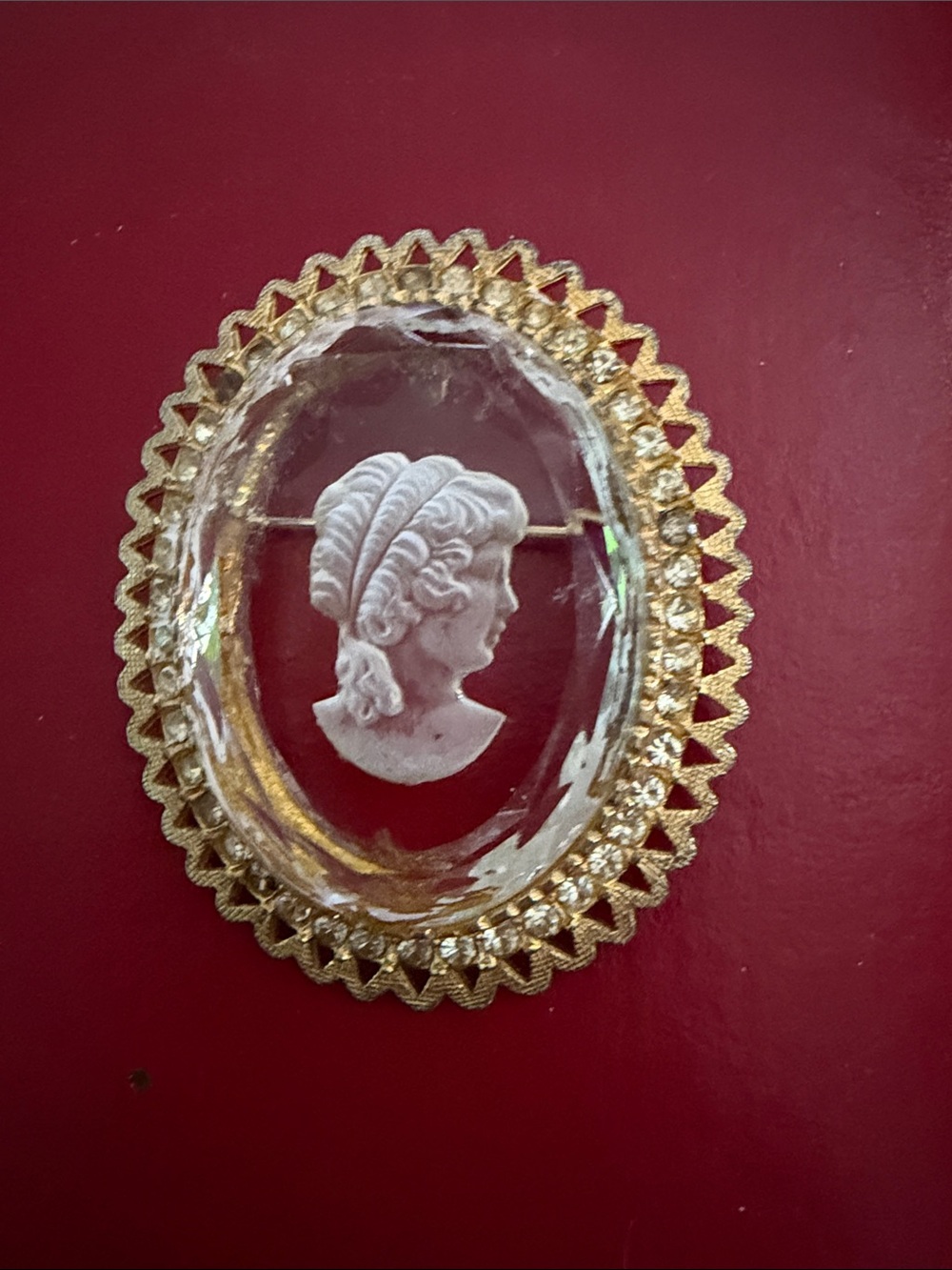 Gold-Tone Clear Glass Cameo Brooch - White Cameo Accent